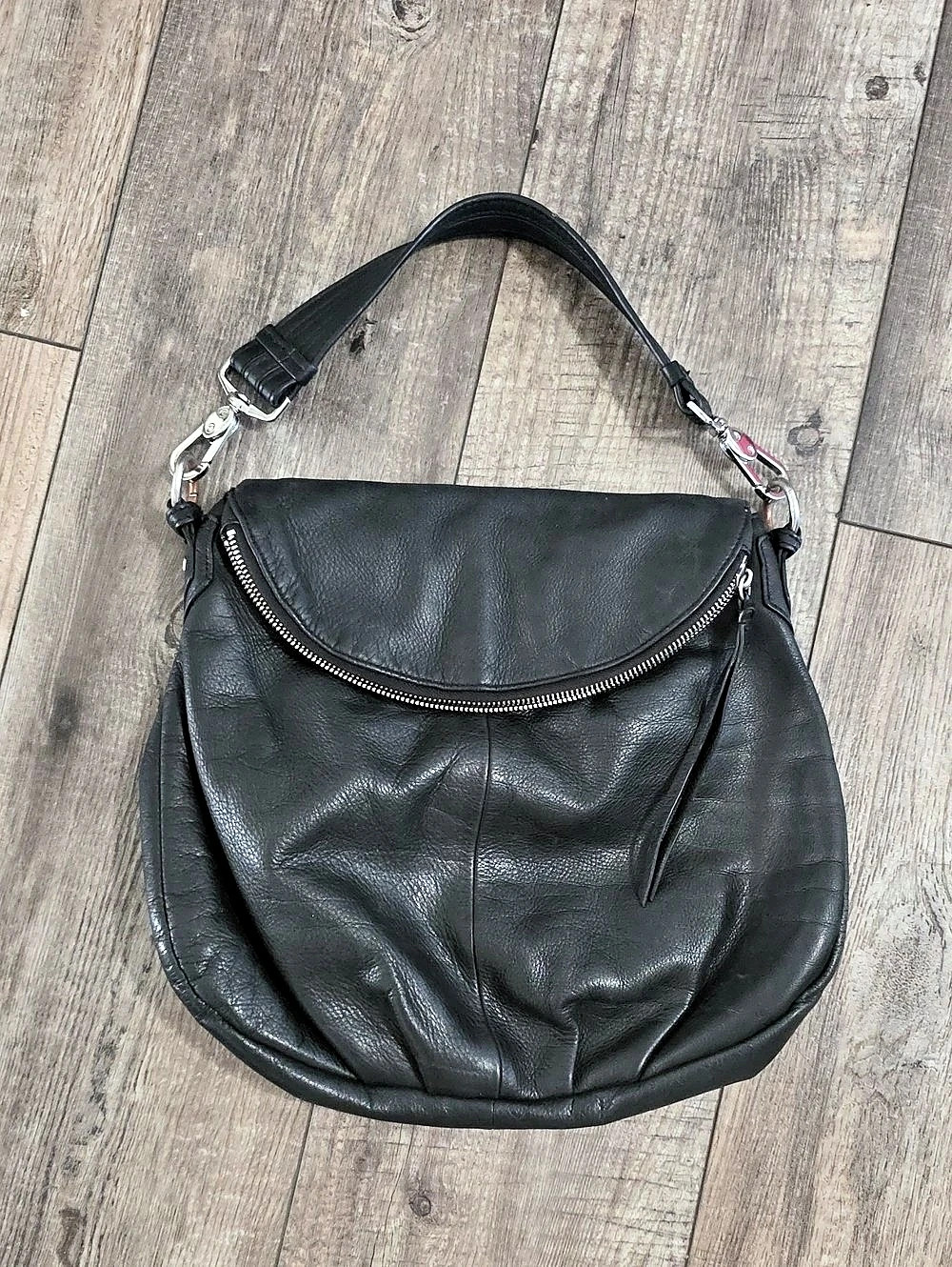 margot Mickey Double Zip Hobo Black Leather Shoulder Bag